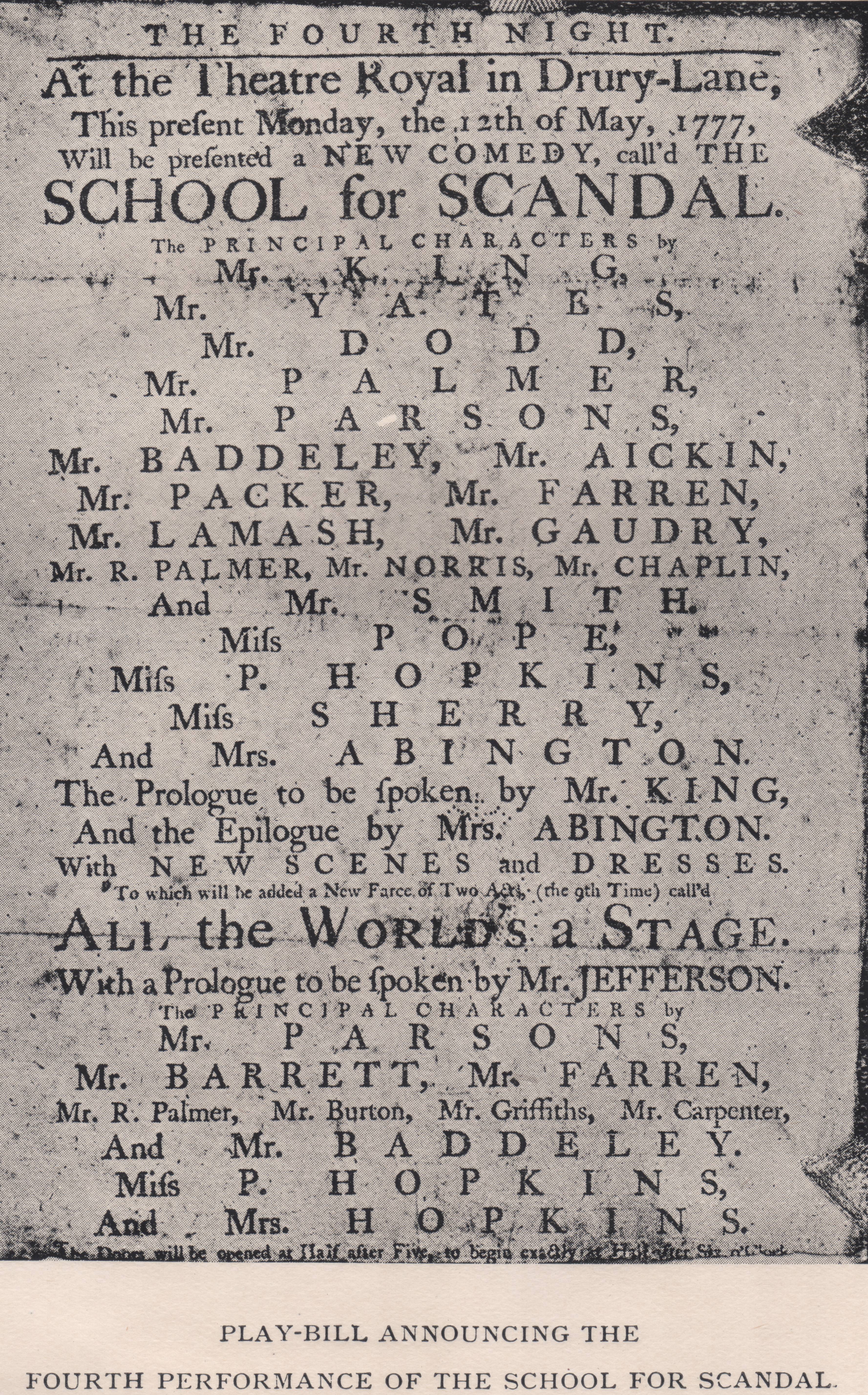 Playbill for the fourth performance of The School For Scandal (1777)